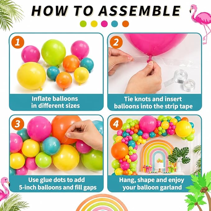 141 Pcs Rainbow Neon Balloon Arch Kit, Hot Pink Lime Green Orange Slate Blue Yellow Latex Hawaii Summer Tropical Balloon Garland for Hawaiian Luau Aloha Birthday Baby Shower Pool Party Decorations