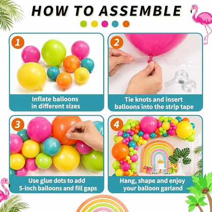 141 Pcs Rainbow Neon Balloon Arch Kit, Hot Pink Lime Green Orange Slate Blue Yellow Latex Hawaii Summer Tropical Balloon Garland for Hawaiian Luau Aloha Birthday Baby Shower Pool Party Decorations