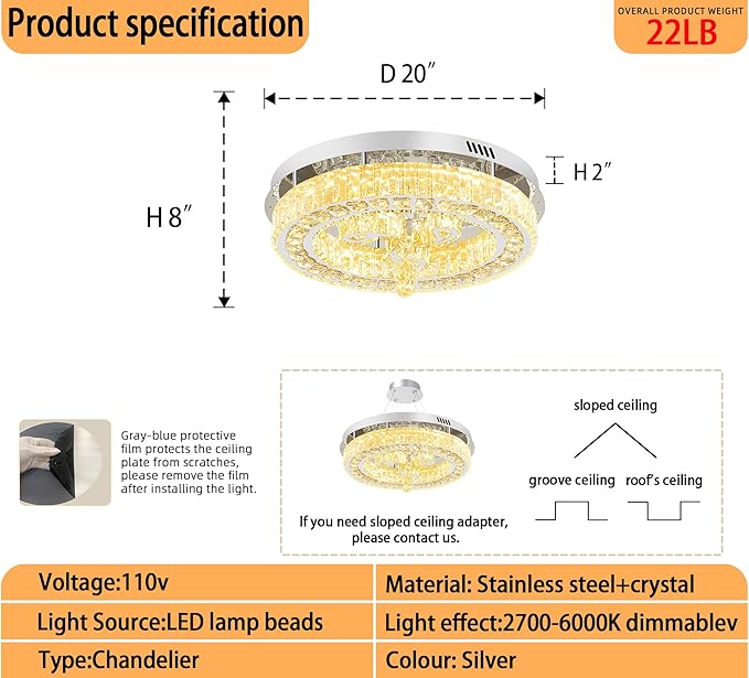 20'' Silver Modern Crystal Chandelier LED Dimmable Flush Mount Crystal Ceiling Light for Living Room Bedroom Dining Room