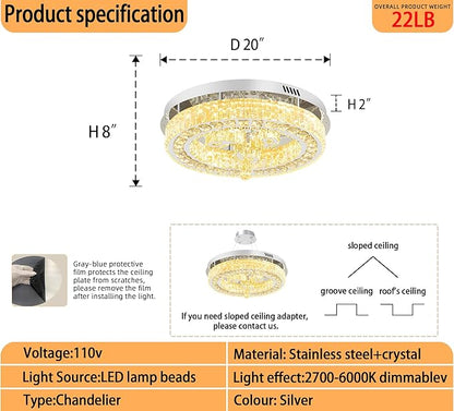 20'' Silver Modern Crystal Chandelier LED Dimmable Flush Mount Crystal Ceiling Light for Living Room Bedroom Dining Room