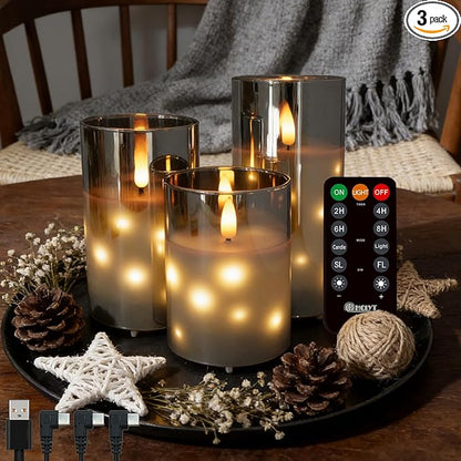 Rechargeable Glass LED Flameless Candles, Embedded Star String Flickering Flameless Candles for Romantic Ambiance and Home Decoration with Remote & Timer(Gray)