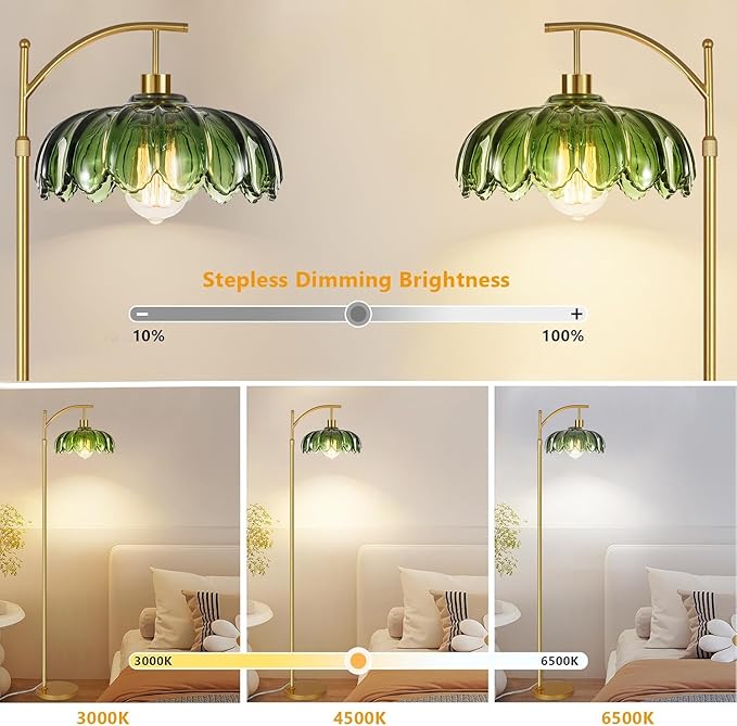 AHDWDW Floor Lamp for Living Room Bedroom,Gold Dimmable Standing Lamp with Remote,Mid Century Modern Brass Tall Lamp Vintage Green Glass Lamp Floor Light,Arc Unique Floor Lamps for Office Corner