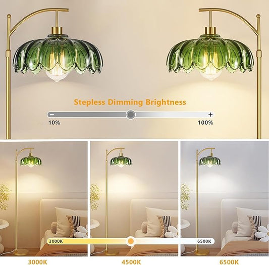 AHDWDW Floor Lamp for Living Room Bedroom,Gold Dimmable Standing Lamp with Remote,Mid Century Modern Brass Tall Lamp Vintage Green Glass Lamp Floor Light,Arc Unique Floor Lamps for Office Corner
