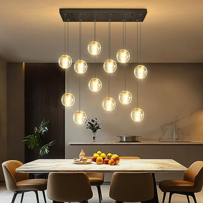 HAIXIANG Rectangular Chandelier with LED Light Bulbs Bubble Crystal Glam Chandeliers for Dining Room High Ceiling Pendant Lighting Fixtures Interior Living Room Lighting Black