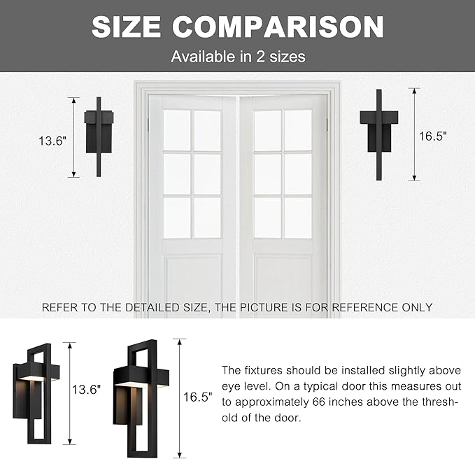 Krychiler 16.5 Inch Contemporary Outdoor Wall Lights with 3000K Integrated LED, 2 Packs Matte Black Metal Modern Exterior Lighting Fixtures Outside Wall Mount, for House Porch Patio Garage Front Door