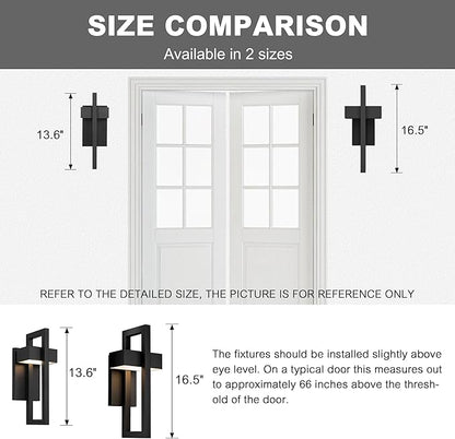 Krychiler 16.5 Inch Contemporary Outdoor Wall Lights with 3000K Integrated LED, 2 Packs Matte Black Metal Modern Exterior Lighting Fixtures Outside Wall Mount, for House Porch Patio Garage Front Door