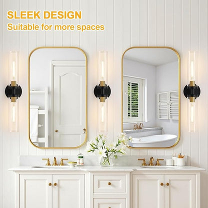 Indoi Black and Gold Wall Sconce, Hardwired Bathroom Sconces Wall Lighting with Clear Glass, Modern Sconces Wall Light fixtures for Bathroom Mirror Living Room Hallway Bedroom