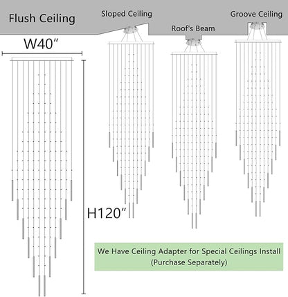 HAIXIANG W40 x H120 Glam Chandelier with LED Bulbs Crystal Raindrop High Ceiling Pendant Light for Entrance Large Villa Chandelier Foyer Lighting Fixtures Silver