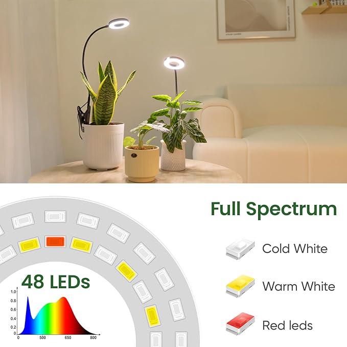 LORDEM Grow Lights for Indoor Plants, 2 in 1 Full Spectrum Plant Light with 360° Gooseneck, 48 LEDs, Auto Timer 6/8/12/16H, 3 Lighting Modes,5 Brightness Levels for Small Plants, 3 Pack Black