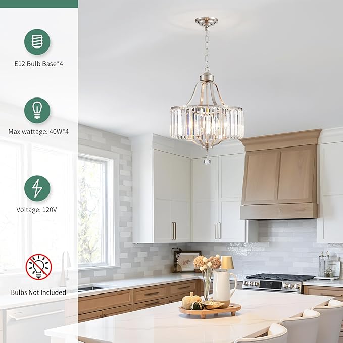 Crystal Chandelier - Modern Pendant Light - 15.7 Inch Diameter Height Adjustable Brushed Nickel Ceiling Light - Ideal for Dining Rooms, Kitchens, Living Rooms