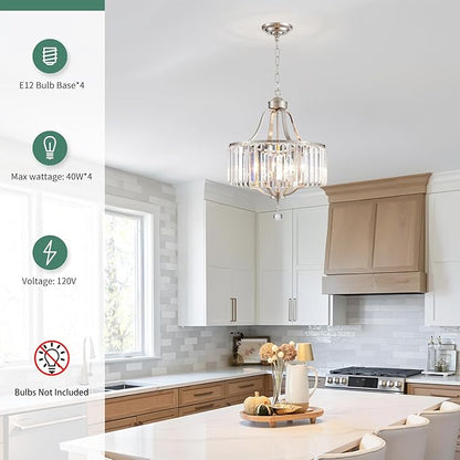 Crystal Chandelier - Modern Pendant Light - 15.7 Inch Diameter Height Adjustable Brushed Nickel Ceiling Light - Ideal for Dining Rooms, Kitchens, Living Rooms