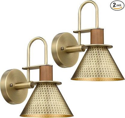 Industrial Wall Sconces Set of Two, HWH Indoor Wall Light Fixtures Barn Light, Single Wall Vanity Lamp for Bedroom Bedside Kitchen, Hammered Metal Shade, Antique Brass Finish, 5HZG74B-2L BG