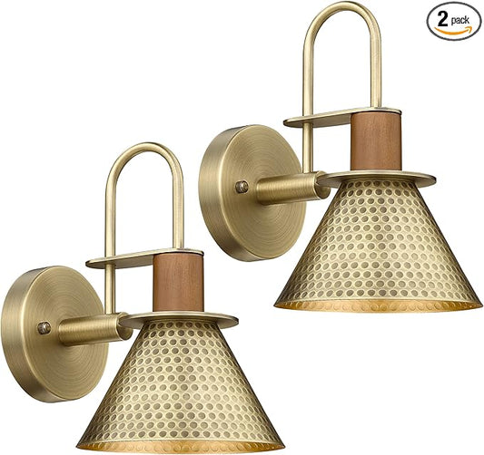 Industrial Wall Sconces Set of Two, HWH Indoor Wall Light Fixtures Barn Light, Single Wall Vanity Lamp for Bedroom Bedside Kitchen, Hammered Metal Shade, Antique Brass Finish, 5HZG74B-2L BG