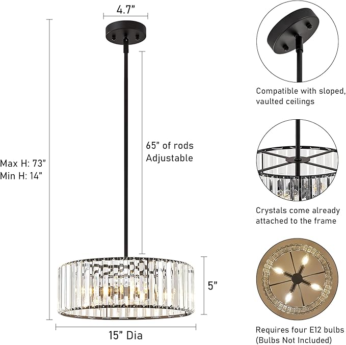 YURNYQ Black Crystal Chandelier for Dining Room, 4-Light Modern Semi Flush Mount Chandelier Lighting Fixtures, Round Kitchen Hanging Drum Pendant Lights Ceiling for Bedroom Entryway Foyer, 15 Inch
