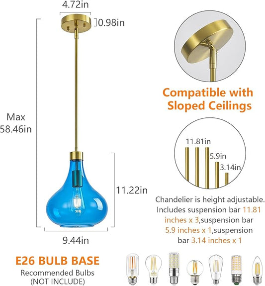 Modern Glass Pendant Light 9.44 in Blue Glass Shade Gold Farmhouse Island Pendant Lights for Kitchen Pendant Lighting Over Sink Bedroom Dining Room