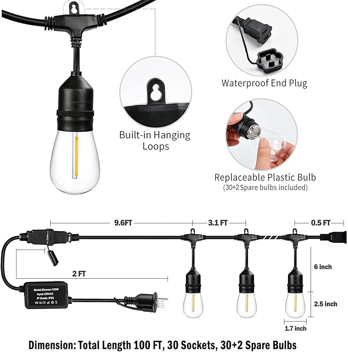 100FT String Lights for Outside with 30+2 Bulbs, Remote & Dimmer, Patio String Lights with 3 Light Modes & Timer, IP65 Waterproof,2200K Outdoor Lights for Patio Backyard Gazebo Pergola Café