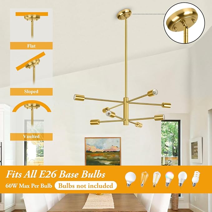 BesLowe 8-Light Modern Sputnik Chandelier, Mid Century Gold Chandeliers Lighting, Farmhouse Ceiling Hanging Light Fixture for Dining Room Bedroom Living Room Kitchen Foyer, Height Adjustable