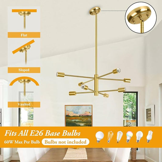 BesLowe 8-Light Modern Sputnik Chandelier, Mid Century Gold Chandeliers Lighting, Farmhouse Ceiling Hanging Light Fixture for Dining Room Bedroom Living Room Kitchen Foyer, Height Adjustable