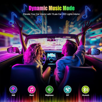 Yilaie Car Lights Interior, Multcolor RGB Interior Lights with APP Control and Music Sync, USB Under Dash Lighting Kit with Charger Dc 5v, Car Accessories for Women