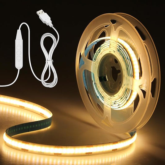 Aclorol COB LED Strip Lights USB Powered 6.56FT 640Leds Warm White 3000K TV LED Backlight 5V Dimmable COB Flexible Light with 1.5M USB Cable for Monitor Dispalay Stairs Bedroom DIY Projects CRI85+