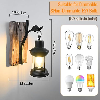 Rustic Wall Light Fixtures Vintage Wall Sconces Sets of 2 Farmhouse Antique Wooden Wall Lamps with Clear Glass Mounted Lighting Black Bedside Sconces Lighting for Bar Cafe Barn Stairs