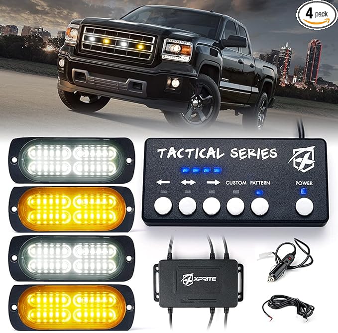 Xprite 24 LED Surface Mount Strobe Lights Kit with Control Panel, Grill Grille Side Marker Flashing Emergency Warning Light Assemblies for Trucks Vehicles ATV RV Cars Van Amber/White, 4PCS
