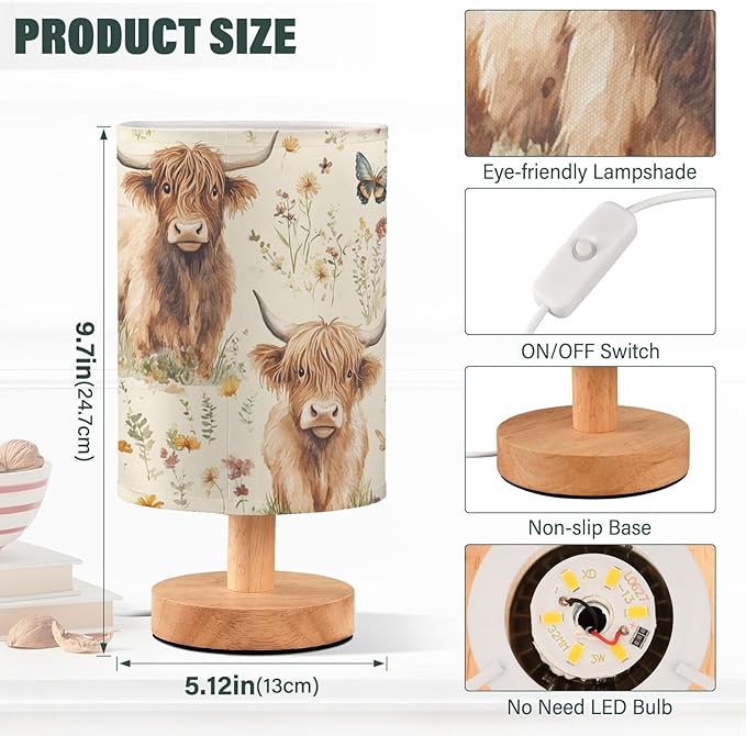 Bedside Table Lamp Highland Cow Butterfly Flowers Nightstand Lamp with Wood Desk Lamps for Bedroom Living Room Nursery Office Home Decor