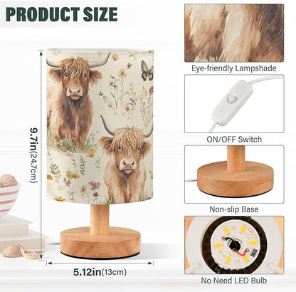 Bedside Table Lamp Highland Cow Butterfly Flowers Nightstand Lamp with Wood Desk Lamps for Bedroom Living Room Nursery Office Home Decor
