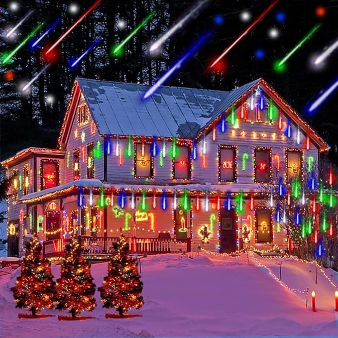 Adecorty Christmas Lights Outdoor Tree Cascading Icicle Light 8 Tubes 192LED Shooting Star Waterfall Meteor Shower Falling Rain Lights for Xmas Decorations Wedding Party New Year (Multi Color)