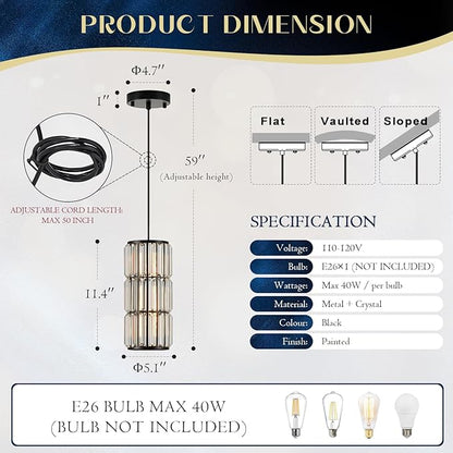 Black Crystal Pendant Light for Kitchen Island, Modern Mini Chandelier Hanging Light Fixture with K9 Crystals, Adjustable Luxury Pendant Lighting for Dining Room, Bedroom, Hallway, Bar