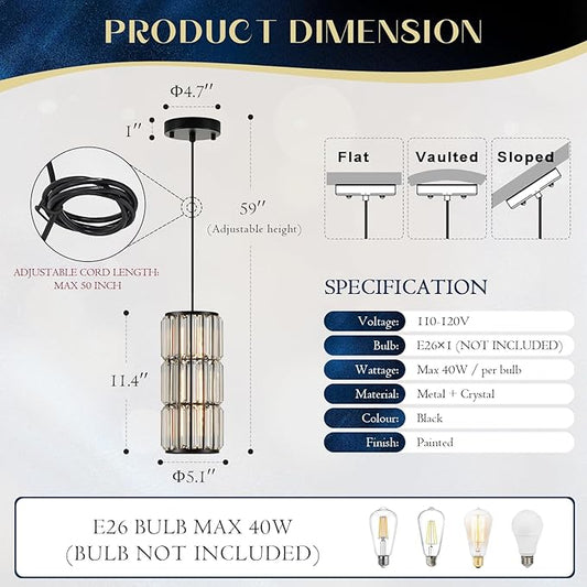Black Crystal Pendant Light for Kitchen Island, Modern Mini Chandelier Hanging Light Fixture with K9 Crystals, Adjustable Luxury Pendant Lighting for Dining Room, Bedroom, Hallway, Bar