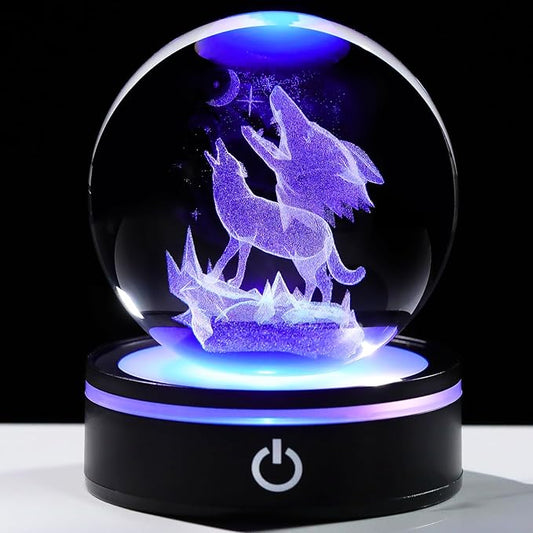 YWHL 3D Crystal Wolf Figurine Ball with Colorful Light Base, Laser Engraved Wolf Gifts for Women Men on Birthday Christmas, Glass Animal Collectible Sphere for Home Party Decor(80mm)