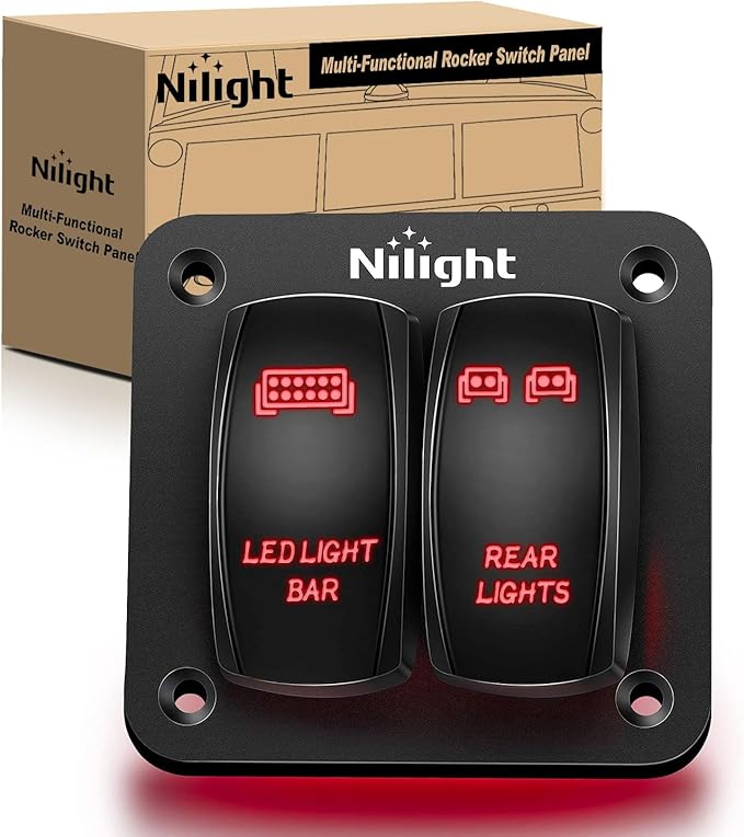 Nilight 2 Gang Rocker Switch Panel LED Light Bar Switch Rear Lights Switch 12 24V DC Red Switches 5Pin ON Off Pre Wired Toggle Switch Panel for Cars ATVs UTVs,2 Years Warranty