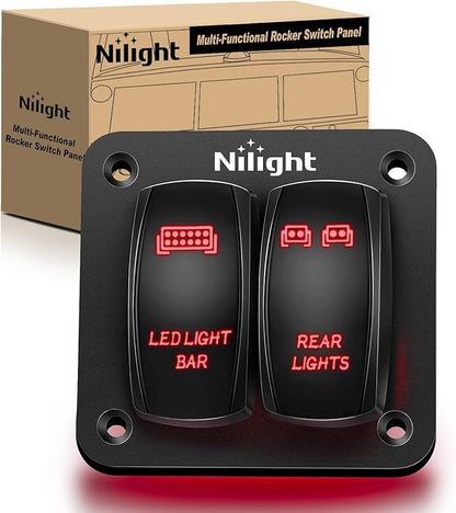 Nilight 2 Gang Rocker Switch Panel LED Light Bar Switch Rear Lights Switch 12 24V DC Red Switches 5Pin ON Off Pre Wired Toggle Switch Panel for Cars ATVs UTVs,2 Years Warranty