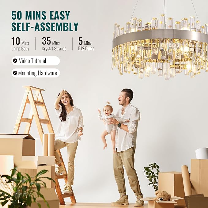 Siljoy Modern Crystal Chandelier 12-Light Brushed Nickel Luxury 2-Tiers K9 Crystal Raindrop Chandelier Dimmable Crystal Ceiling Light for Dining Living Room Kitchen Entryway Foyer D23.6''