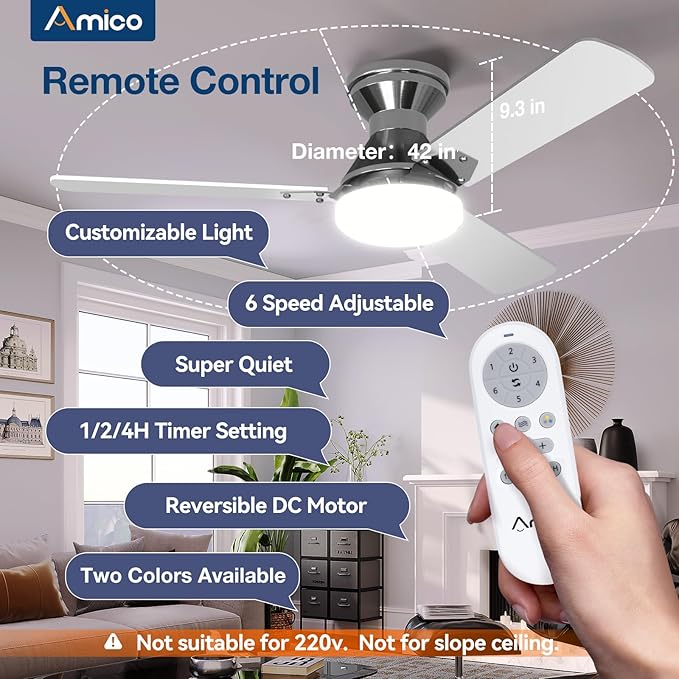 Amico 2 Pack Ceiling Fans with Lights, 42 inch Low Profile Ceiling fan with Light and Remote Control, Flush Mount, Reversible, 3CCT, Dimmable, Noiseless, Nickel Ceiling Fan for Bedroom, Indoor/Outdoor