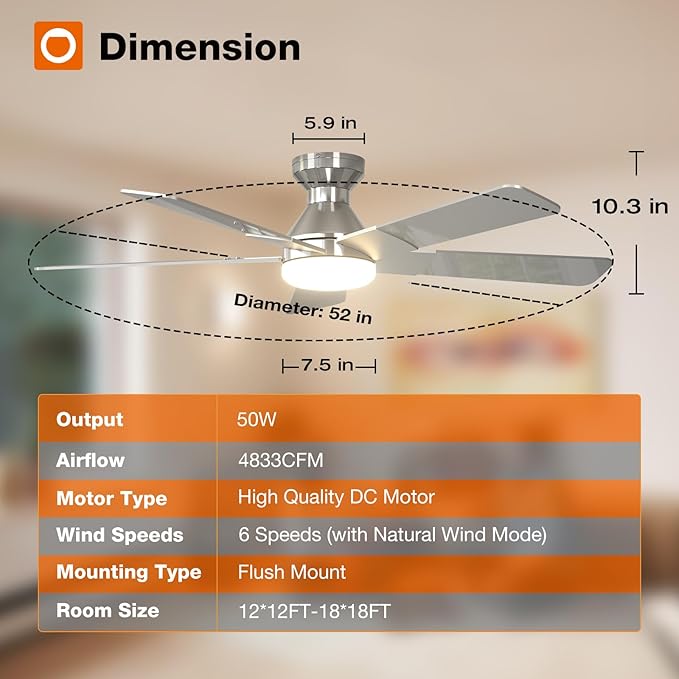 addlon Ceiling Fans with Lights, 52 inch Low Profile Ceiling Fan with Light and Remote Control, Flush Mount, Reversible, 3CCT, Dimmable, Noiseless, Nickel Ceiling Fan for Bedroom, Indoor/Outdoor Use