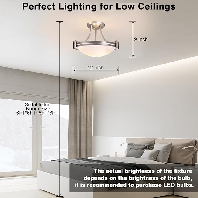 Bektas 12 Inch Semi Flush Mount Ceiling Light Fixture Brushed Nickel with Milk Glass for Bedroom Kitchen Bathroom Hallway Foyer Dining Room Hall Entryway ETL Listed
