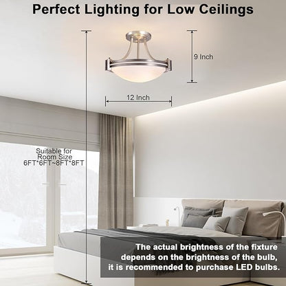 Bektas 12 Inch Semi Flush Mount Ceiling Light Fixture Brushed Nickel with Milk Glass for Bedroom Kitchen Bathroom Hallway Foyer Dining Room Hall Entryway ETL Listed