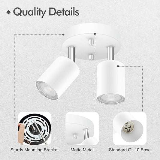 2 Light Track Lighting Fixtures Ceiling, Matte White Round Directional Ceiling Spotlight, GU10 Flush Mount Track Fixture, Flexibly Rotatable Light Head for Kitchen/Living Room, Bulb Not Included