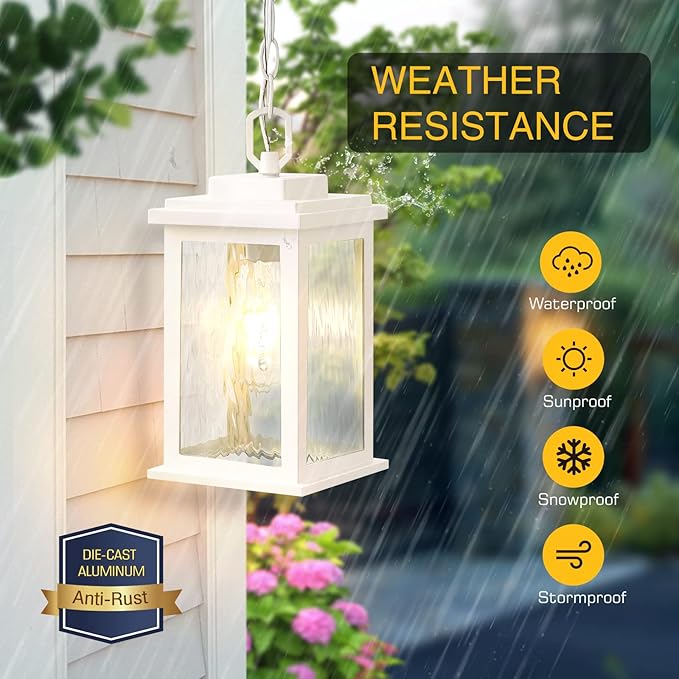 VIANIS White Outdoor Pendant Light, Farmhouse Hanging Light Fixtures Ceiling Mount Porch Lights, Anti-Rust Aluminum Frame with Temperate Ripple Glass, Hanging Lights for Outside Patio for Gazebo