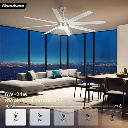 Conciseer 65 Inch Ceiling Fans with Lights and Remote for Bedroom Living Room Kitchen Office, Indoor/Outdoor Use, 6CCT Dimmable, 8 Blades 6 Speed Reversible Quiet DC Motor, Sand-nickel/White