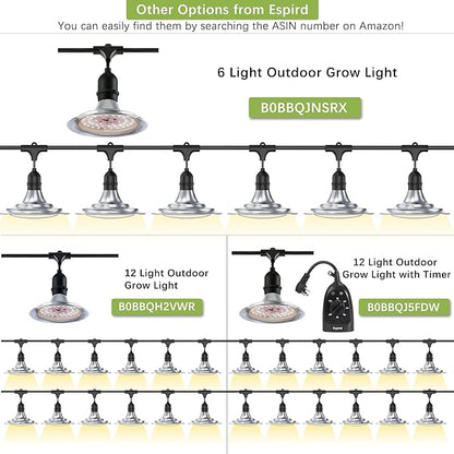 Outdoor LED Grow Light with Timer, 6-Bulbs Full Spectrum Grow Light Strip, Waterproof Plant Lamps, UL Certified String Grow Lights for Greenhouse Garden, 21.3FT Light for Veg Seedling Flower