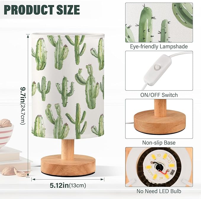 Bedside Table Lamp Cactus Cute Nightstand Lamp with Wood Desk Lamps for Bedroom Living Room Nursery Office Home Decor