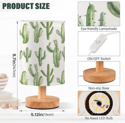 Bedside Table Lamp Cactus Cute Nightstand Lamp with Wood Desk Lamps for Bedroom Living Room Nursery Office Home Decor