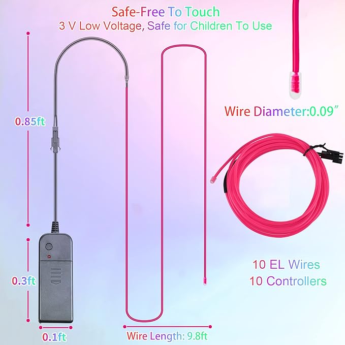 EL Wire 10 Pack-9.8ft Portable Neon Rope Lights Strip-Wearable Battery Pack Body Light-360°Illumination-Super Bright-Cuttable-DIY for Halloween Christmas Festival Party Bar Cosplay Costume