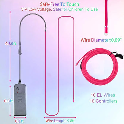 EL Wire 10 Pack-9.8ft Portable Neon Rope Lights Strip-Wearable Battery Pack Body Light-360°Illumination-Super Bright-Cuttable-DIY for Halloween Christmas Festival Party Bar Cosplay Costume