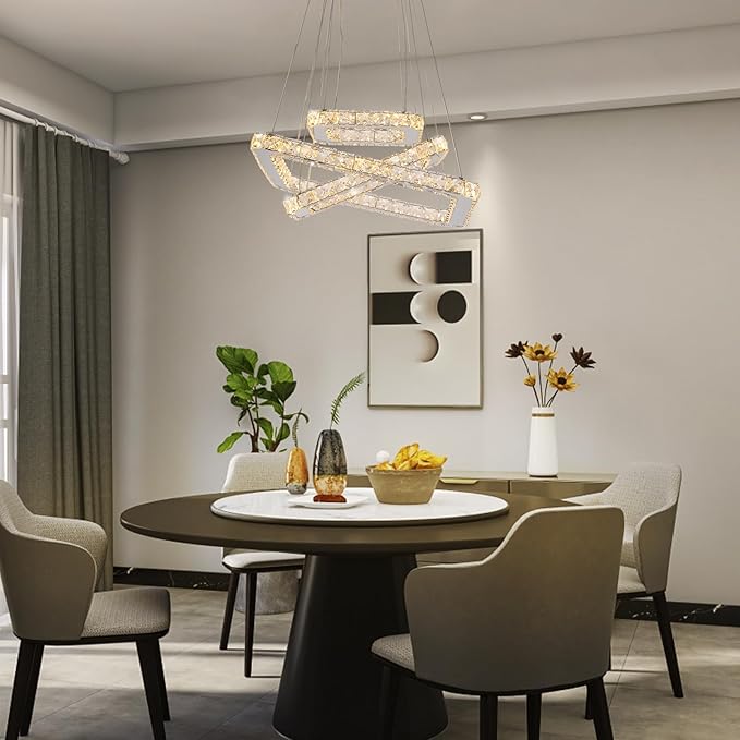 Modern Crystal Chandelier, Dimmable LED Pendant Light with Remote, Square 3-Ring K9 Crystal Chandelier, Height Adjustable 47W Hanging Light Fixture for Dining Room Living Room Bedroom Foyer