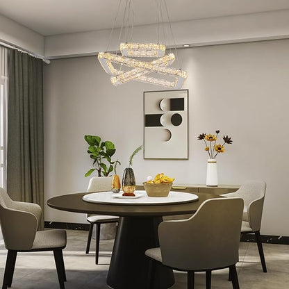 Modern Crystal Chandelier, Dimmable LED Pendant Light with Remote, Square 3-Ring K9 Crystal Chandelier, Height Adjustable 47W Hanging Light Fixture for Dining Room Living Room Bedroom Foyer