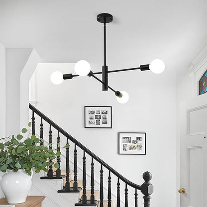 HHR 4-Light Sputnik Chandelier, Black Modern Chandelier Ceiling Light Fixture, Height Adjustable Chandeliers for Dining Room Kitchen Island, Mid Century Pendant Lighting for Living Room
